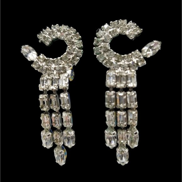 Vintage Clip Rhinestone Earrings Signed Weiss Chandelier Dangle Prom Wedding - Picture 5 of 7